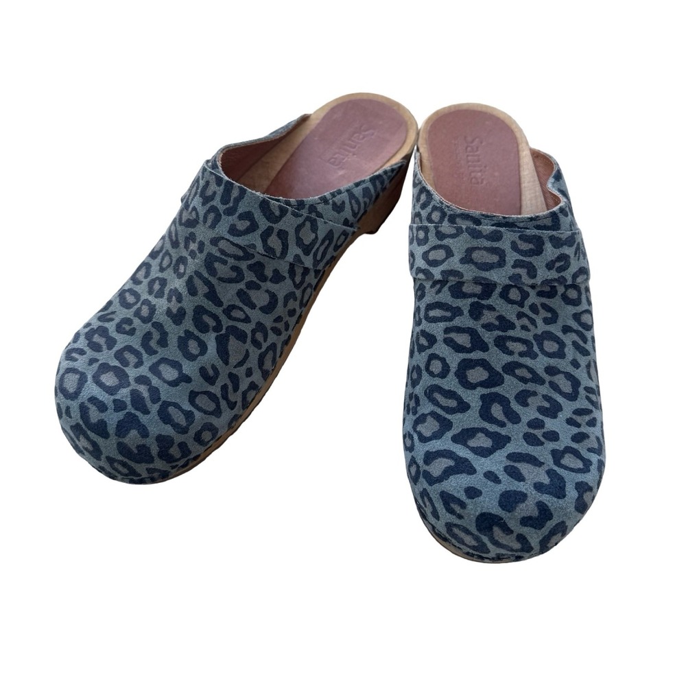 Sanita Leopard Print Suede Wooden Clogs Grey Black Animal Mules 40/9-9.5 - Picture 4 of 8